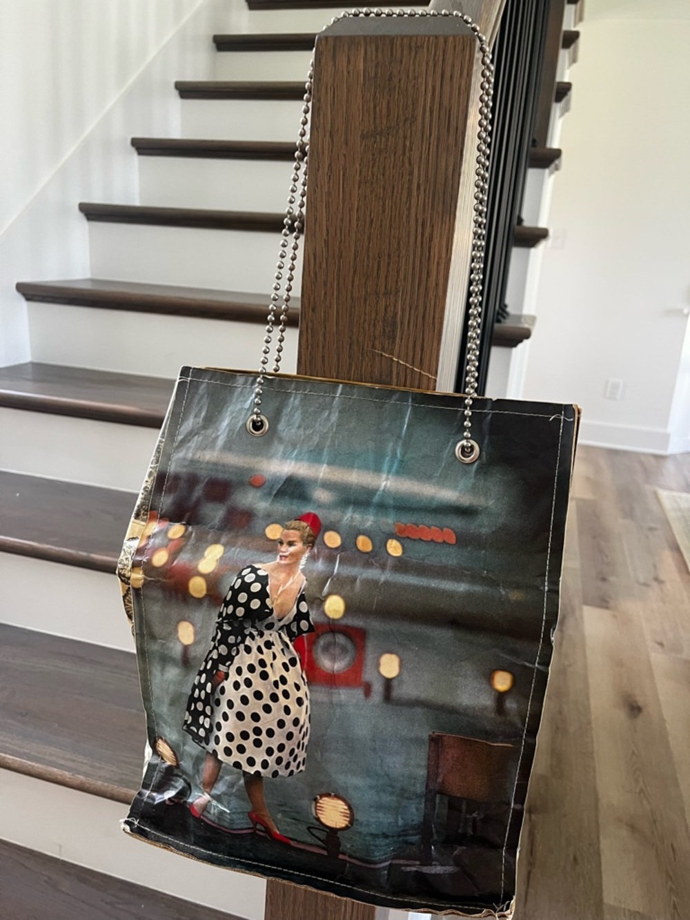 Recycled Retro/Vintage Polka Dot City Scene Tote Bag with Chain Strap